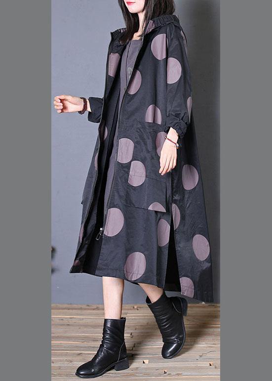 Fall Coat Black Dotted Hooded Pockets Coat
