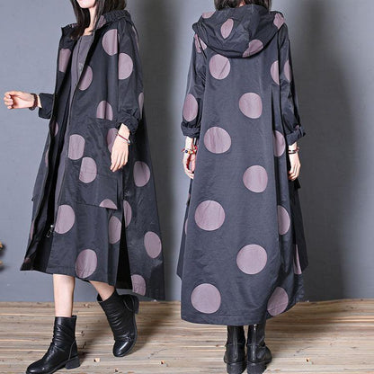 Fall Coat Black Dotted Hooded Pockets Coat