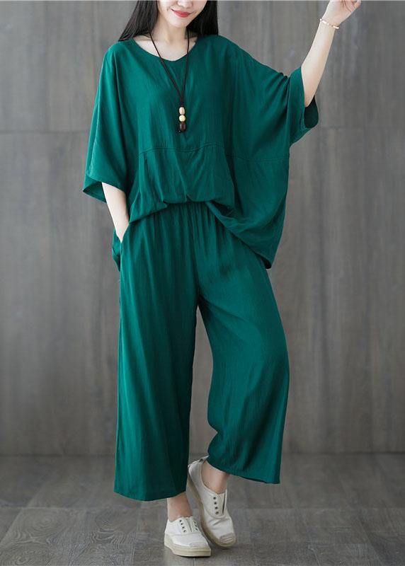 Green Two Pieces Batwing Sleeve Tops and Elastic Waist Pants