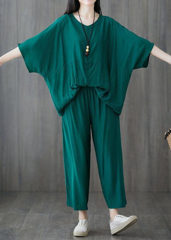 Green Two Pieces Batwing Sleeve Tops and Elastic Waist Pants