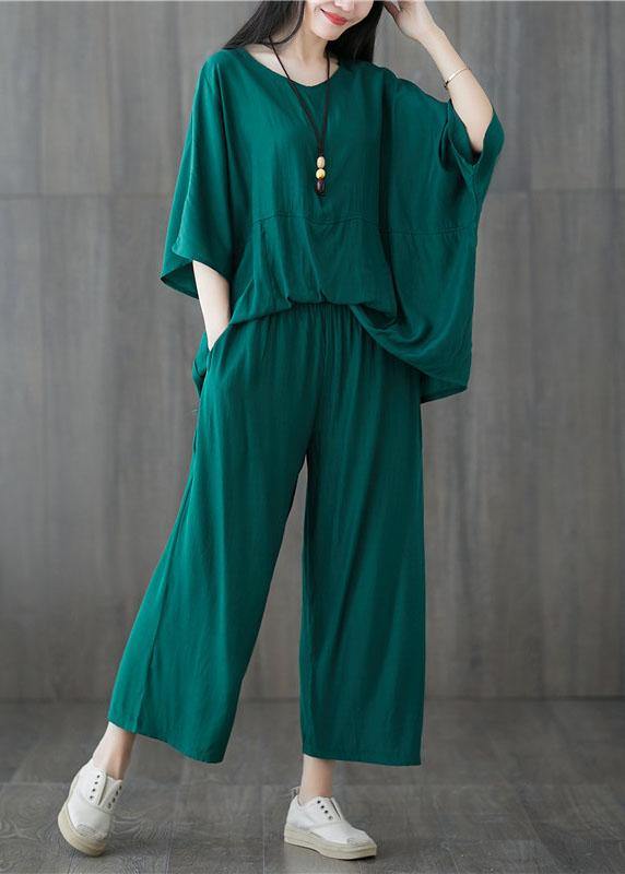 Green Two Pieces Batwing Sleeve Tops and Elastic Waist Pants
