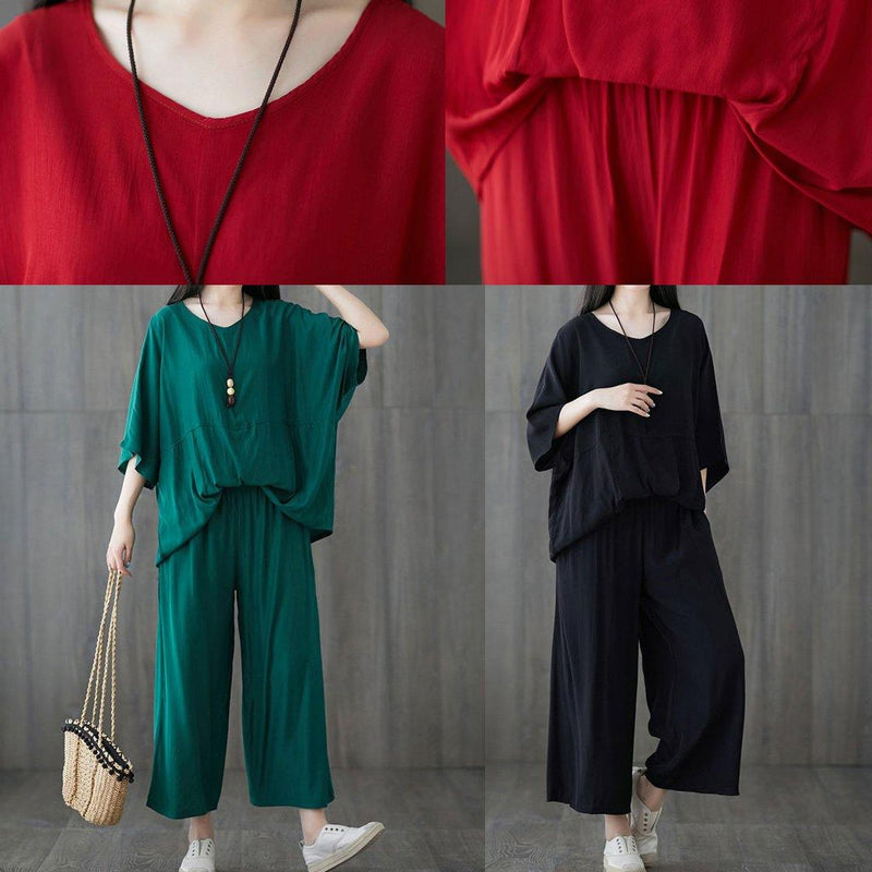 Green Two Pieces Batwing Sleeve Tops and Elastic Waist Pants