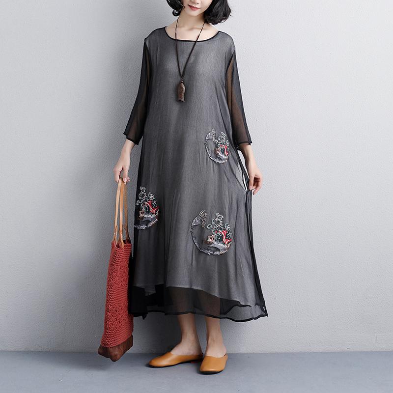 Sundress Embroidery Three Quarter Sleeve Black Dress