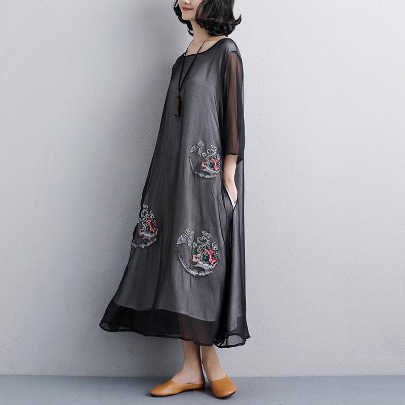 Sundress Embroidery Three Quarter Sleeve Black Dress
