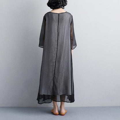 Sundress Embroidery Three Quarter Sleeve Black Dress