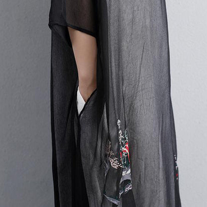 Sundress Embroidery Three Quarter Sleeve Black Dress