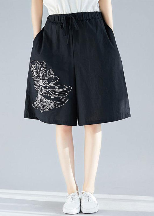 Black Cotton Blended Embroidery Shorts