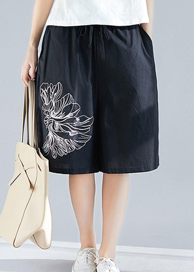 Black Cotton Blended Embroidery Shorts
