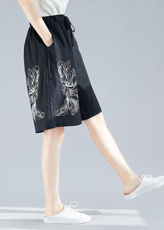 Black Cotton Blended Embroidery Shorts