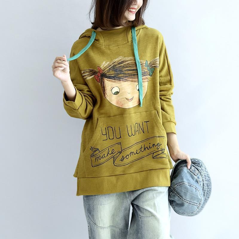 Yellow Hoodies Cotton Pullover Tops Autumn Tops Pullover