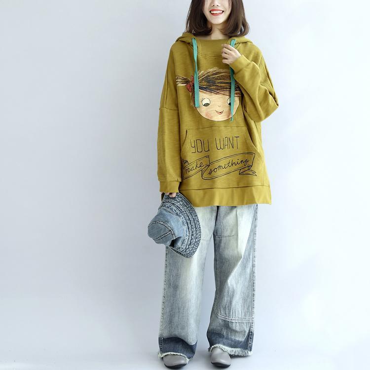 Yellow Hoodies Cotton Pullover Tops Autumn Tops Pullover