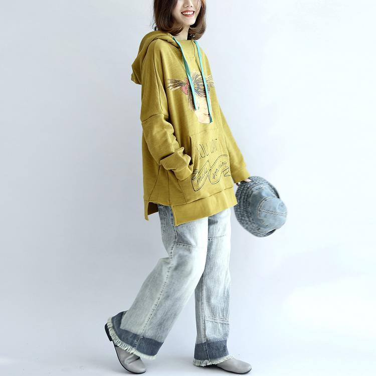 Yellow Hoodies Cotton Pullover Tops Autumn Tops Pullover