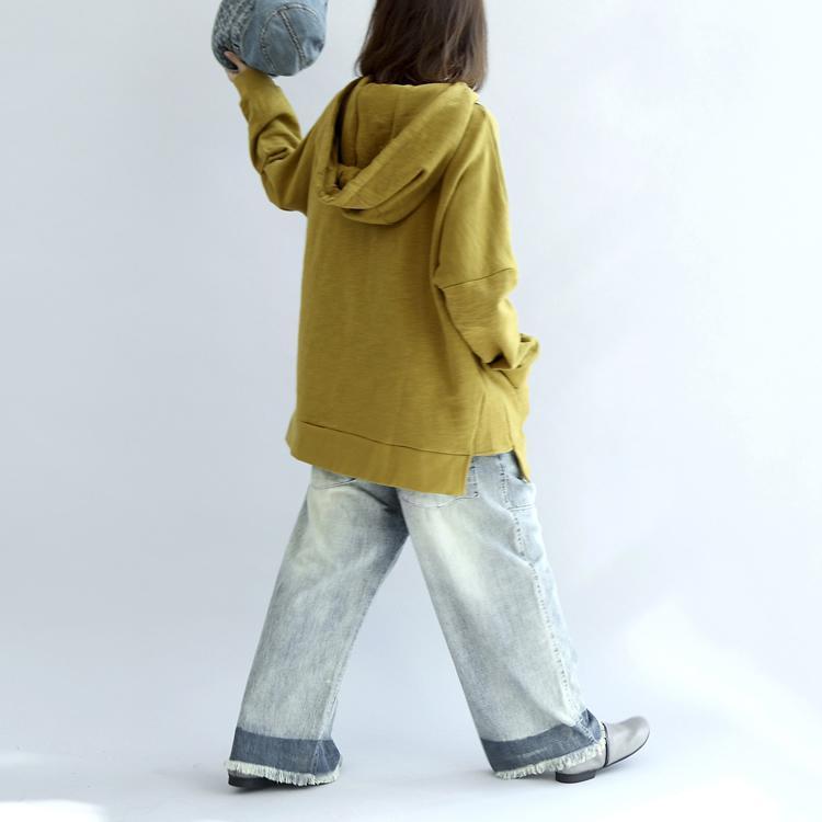 Yellow Hoodies Cotton Pullover Tops Autumn Tops Pullover