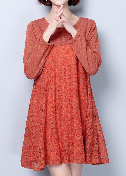 Dark Pink Cotton Blended Dresses Patchwork Lace O Neck Dress