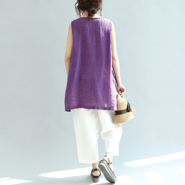 Print Linen Tops Loose Blouse Chinese Button Sleeveless T Shirt