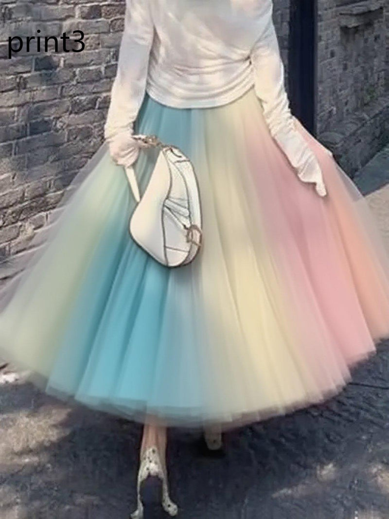 Print1 Wrinkled High Waist Tulle Skirt Spring