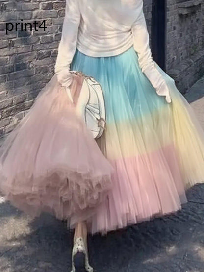Print4 Wrinkled High Waist Tulle Skirt Spring