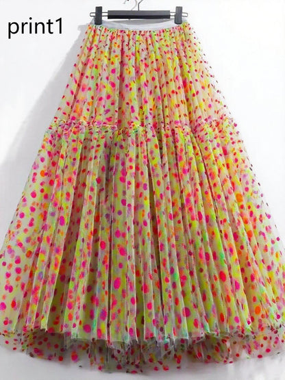 Print2 Patchwork Tulle Skirt Wrinkled Elastic Waist Spring