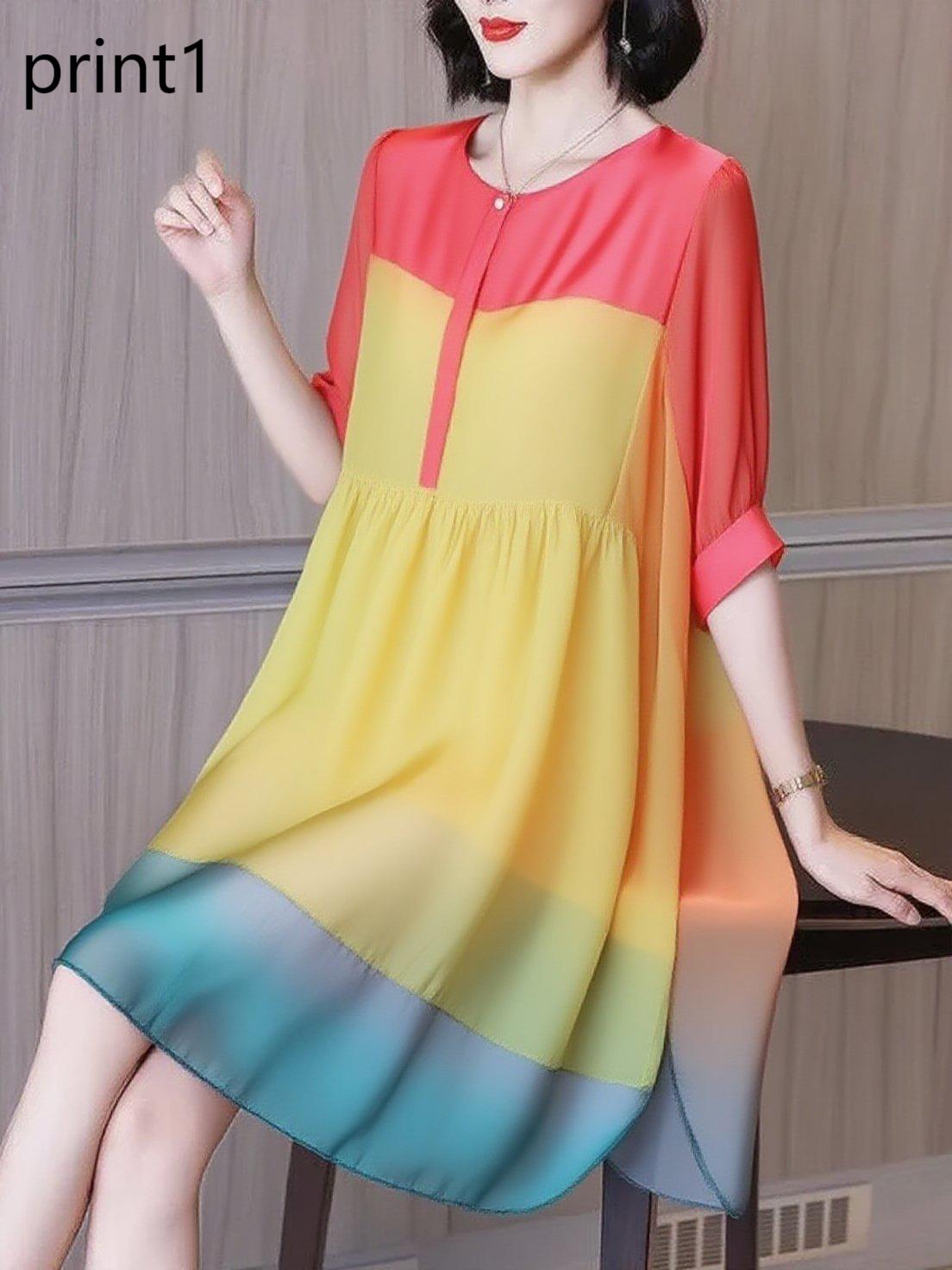 Ruffled Print2 Button Side Open Linen Vacation Dresses Half Sleeve