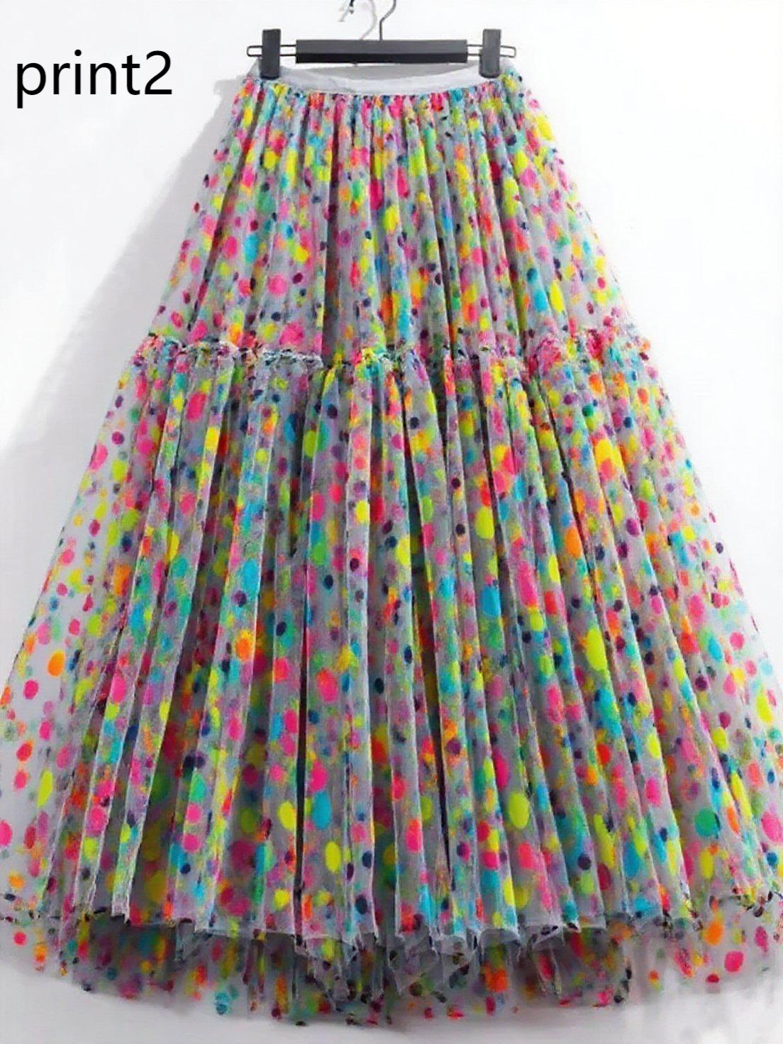 Print2 Patchwork Tulle Skirt Wrinkled Elastic Waist Spring