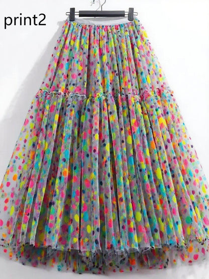Print1 Patchwork Tulle Skirt Wrinkled Elastic Waist Spring