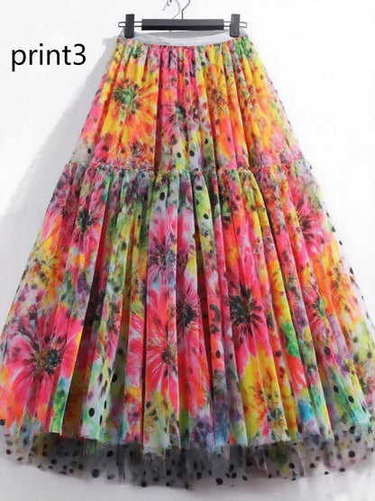 Print3 Patchwork Tulle Skirt Wrinkled Elastic Waist Spring