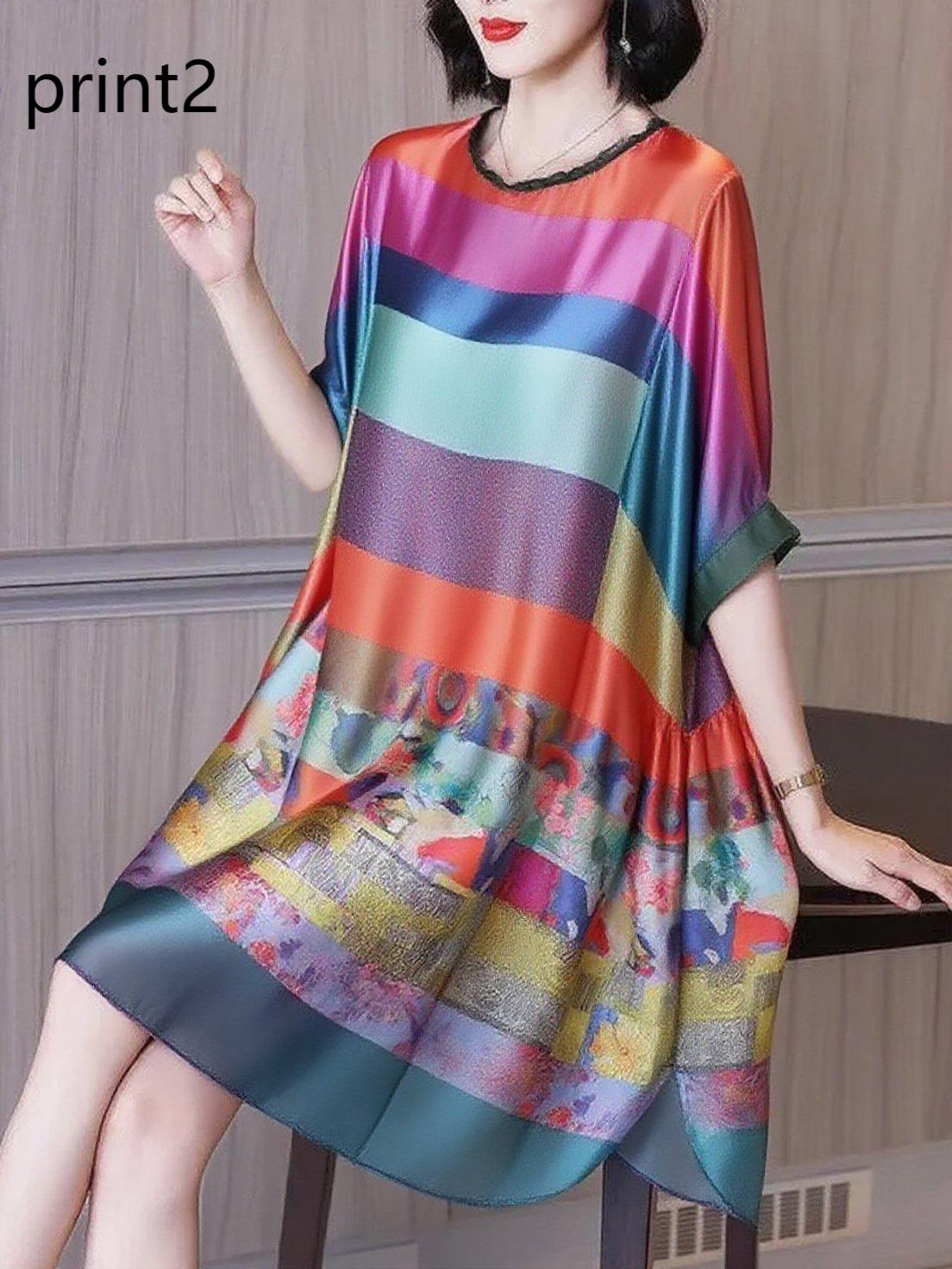 Ruffled Print2 Button Side Open Linen Vacation Dresses Half Sleeve