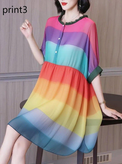 Ruffled Print1 Button Side Open Linen Vacation Dresses Half Sleeve
