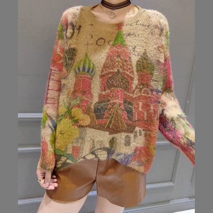 Prints Wild Cotton Knit Tops O Neck Unique Sweater Pullover