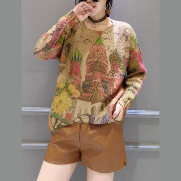 Prints Wild Cotton Knit Tops O Neck Unique Sweater Pullover