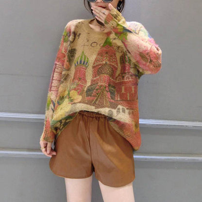 Prints Wild Cotton Knit Tops O Neck Unique Sweater Pullover