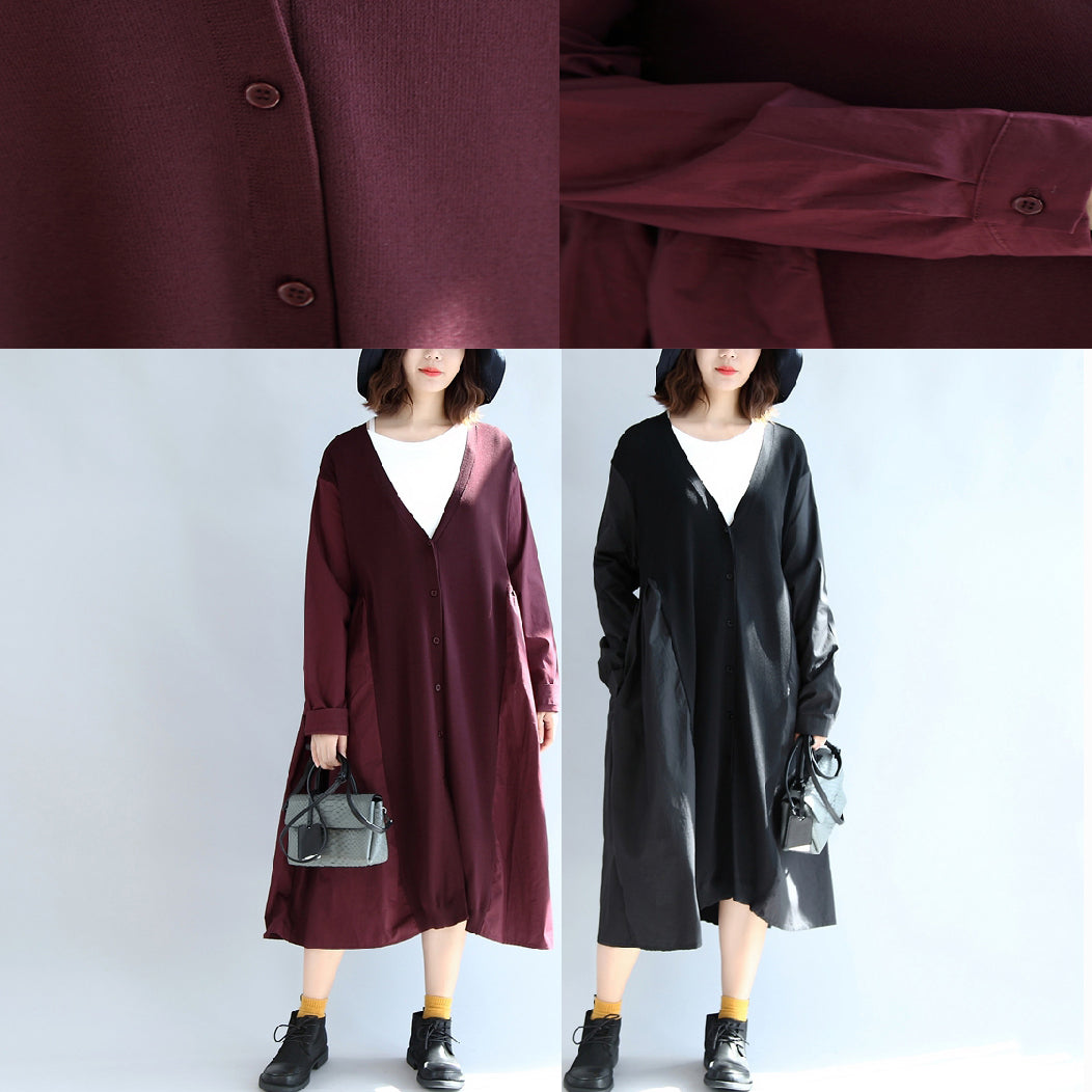 Purple Red Patchwork Cotton Silk Sweater Outwear Oversize Knit Long Coats