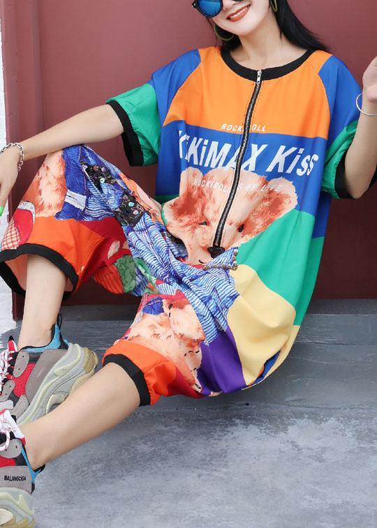 Rainbow Striped Cartoon Prints Pants Loose Short Sleeve Jumpsuit Pants