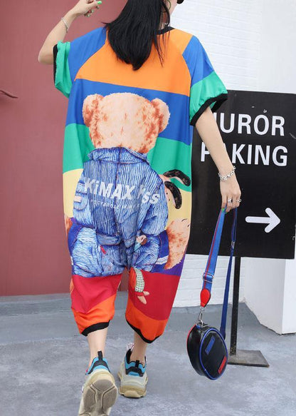 Rainbow Striped Cartoon Prints Pants Loose Short Sleeve Jumpsuit Pants