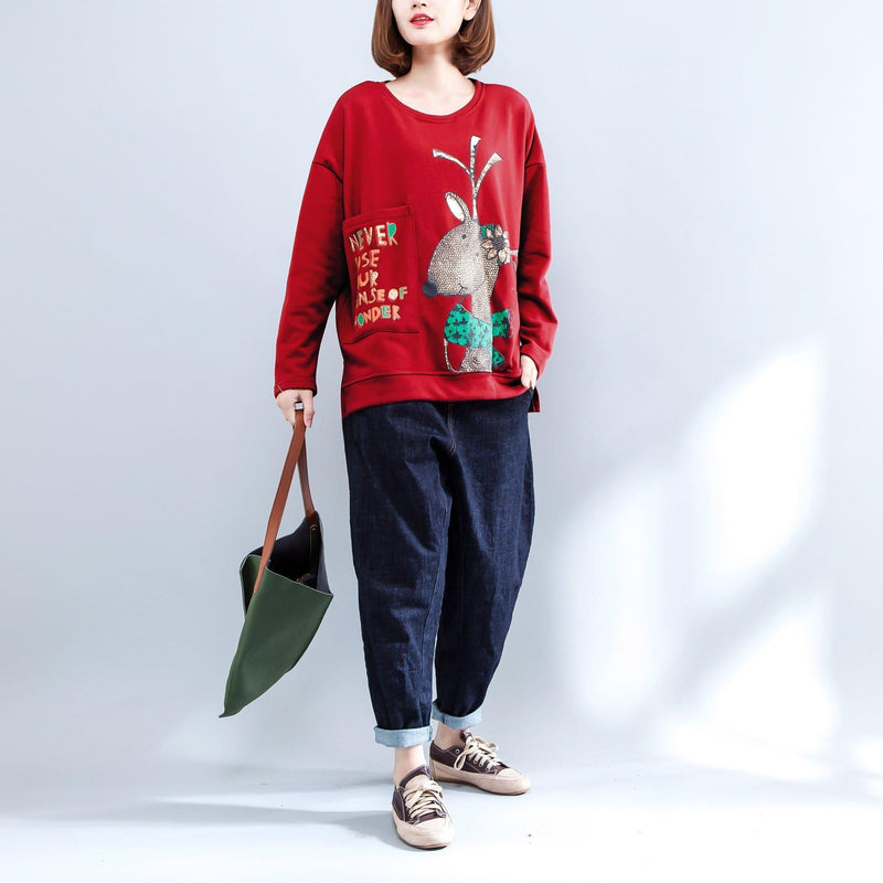 Red Alphabet Prints T Shirt Long Sleeve Pullover