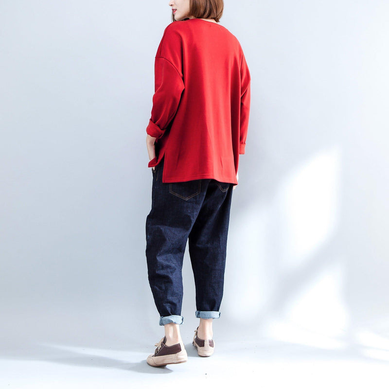 Red Alphabet Prints T Shirt Long Sleeve Pullover