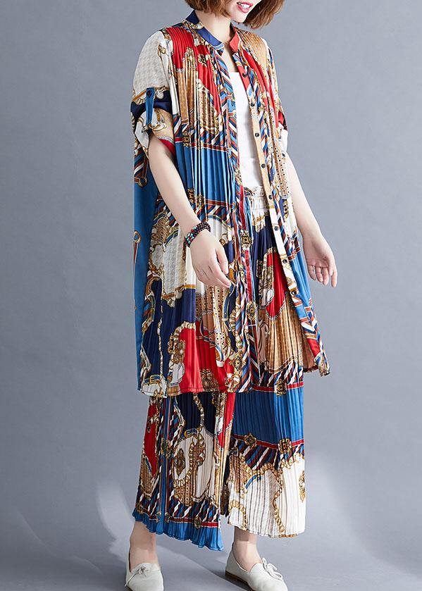 Red Blue Prints Chiffon Two Pieces Stand Collar Shirt With Cinched Wide Leg Pants