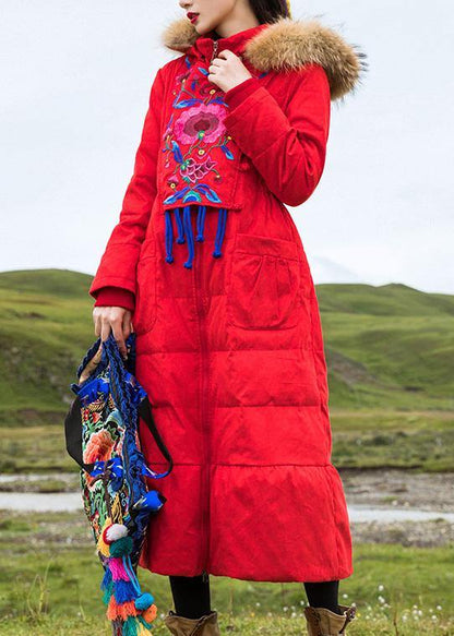 Red Duck Down Coat Oversize Embroidery Parka Hooded New Coats