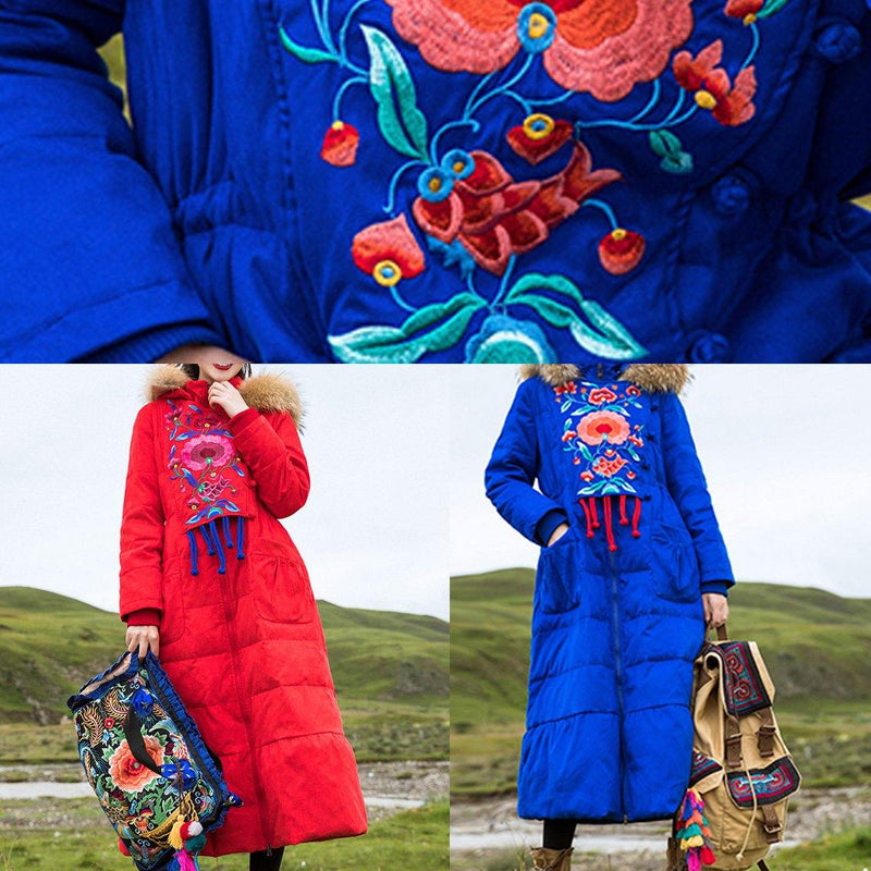 Red Duck Down Coat Oversize Embroidery Parka Hooded New Coats