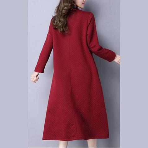 Red Embroidery Cotton Dresses Long Sleeve Maxi Warm Dress