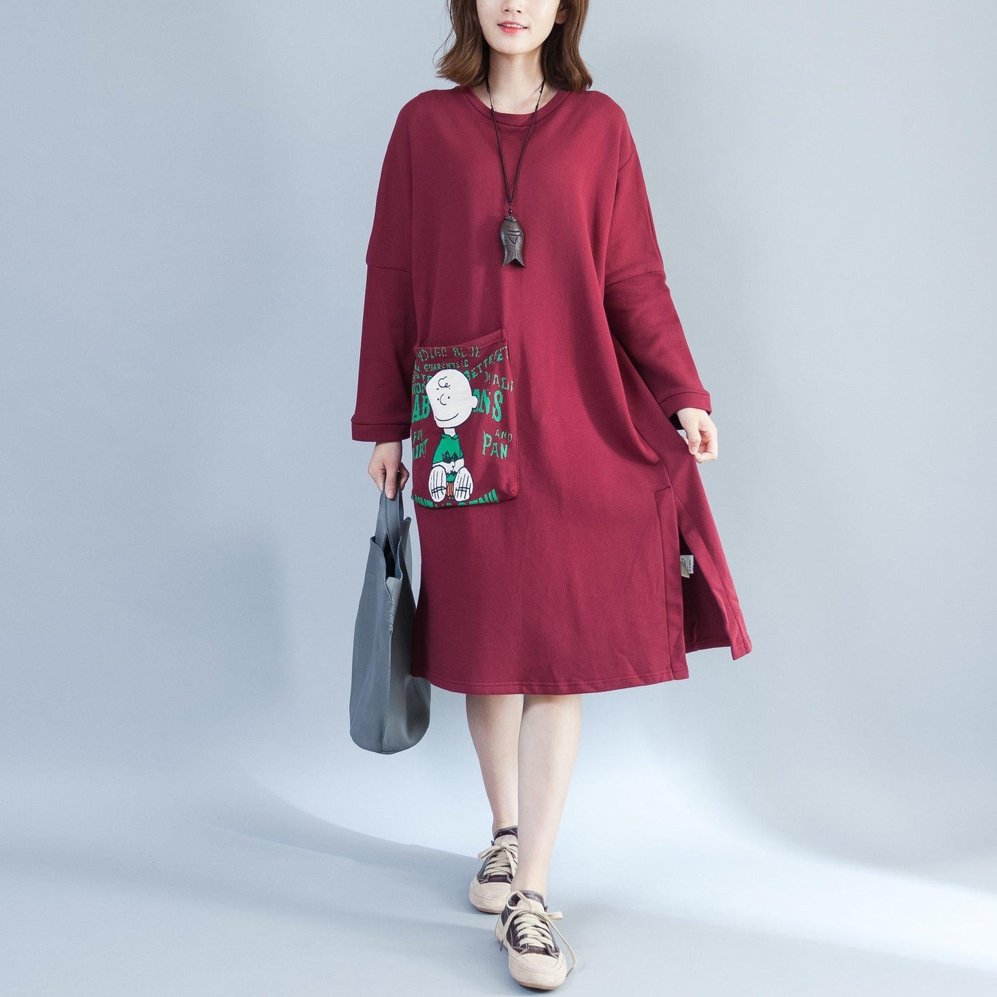 Red Back Prints Cotton Dresses Large Pockets Prints Thick Shift Dress