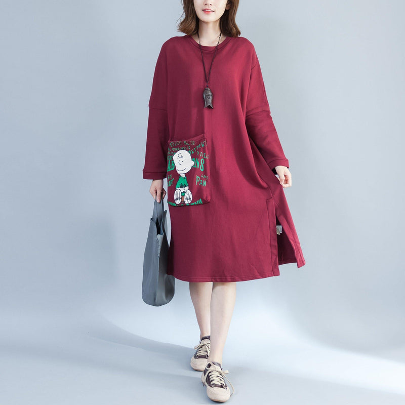 Red Back Prints Cotton Dresses Large Pockets Prints Thick Shift Dress
