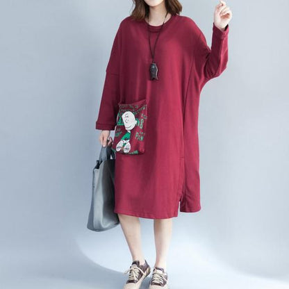Red Back Prints Cotton Dresses Large Pockets Prints Thick Shift Dress