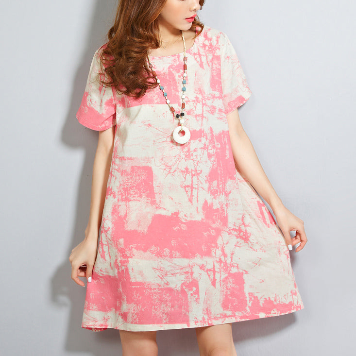 Red Linen Dresses Linen Cotton Dress Prints O Neck Short Sleeve Cotton Dress