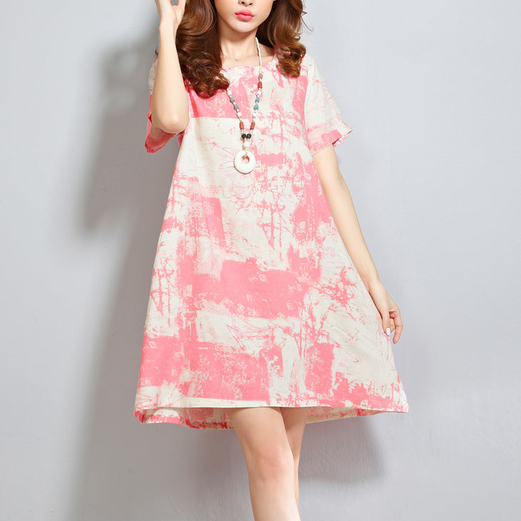 Red Linen Dresses Linen Cotton Dress Prints O Neck Short Sleeve Cotton Dress