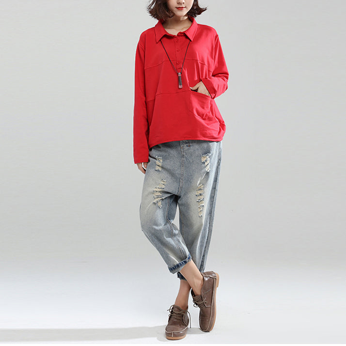 Red Patchwork Cotton Shirt Pullover Oversize Long Sleeve Lapel Collar Tops