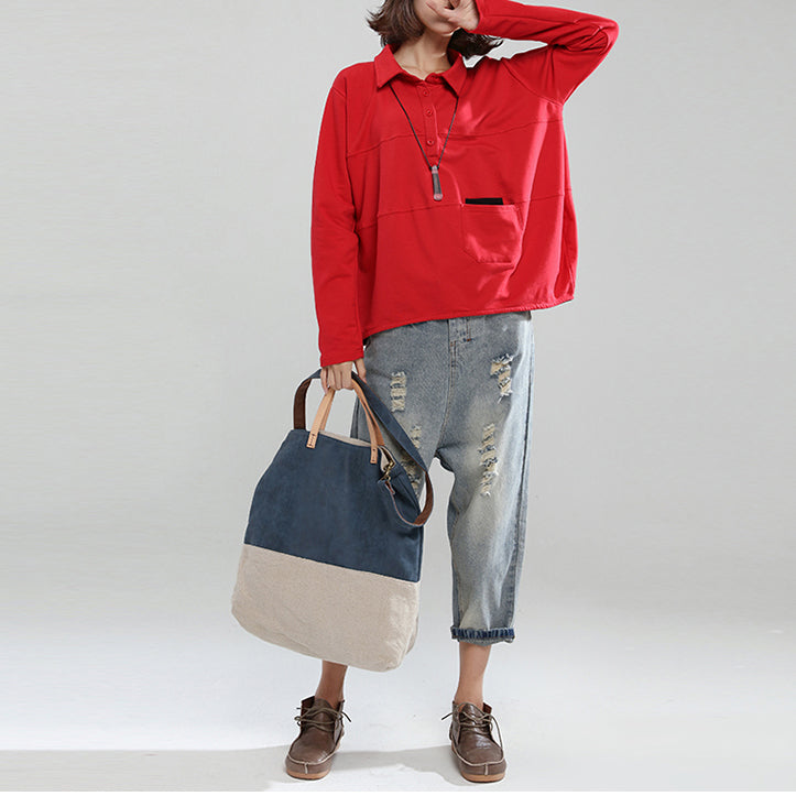 Red Patchwork Cotton Shirt Pullover Oversize Long Sleeve Lapel Collar Tops