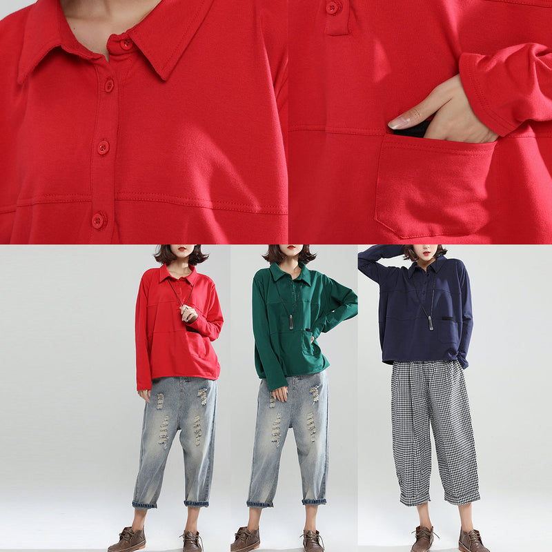 Red Patchwork Cotton Shirt Pullover Oversize Long Sleeve Lapel Collar Tops