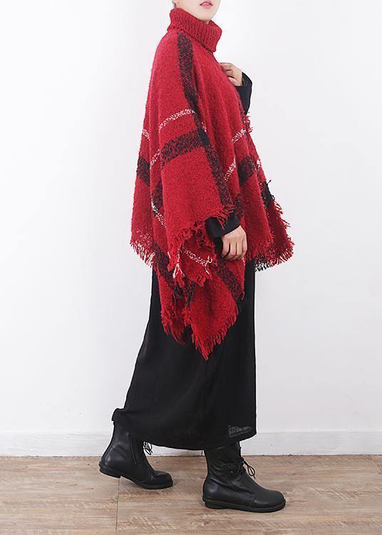 Red Plaid Tassel Cloak High Neck Knit Sweater