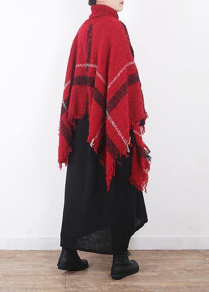 Red Plaid Tassel Cloak High Neck Knit Sweater